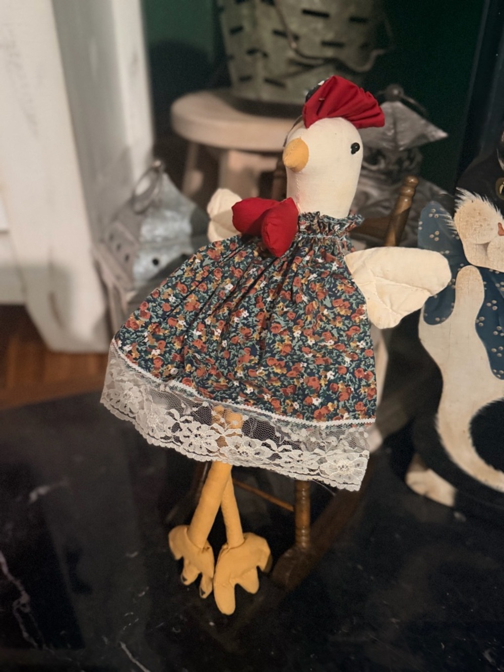 Handmade Folk Art Chicken Doll in Floral Dress